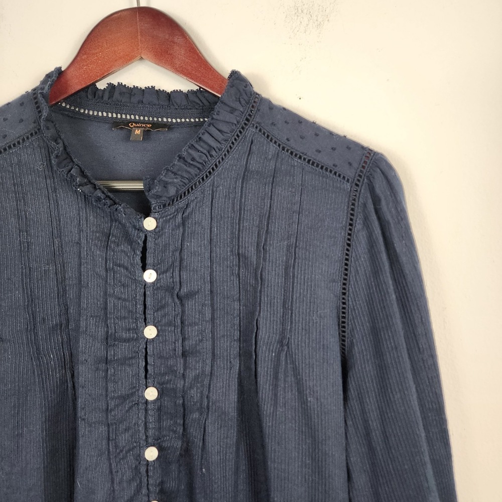 Quince Navy Blue Ruffled Button-Front Blouse - Picture 3 of 7